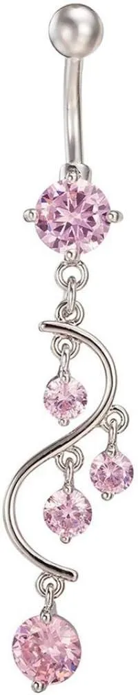 Stainless Steel Belly Button Navel Piercing Stud, Sexy Shiny Cubic Zirconia Dangle Bikini Jewelry Belly Button Navel Barbell Ring - Pink