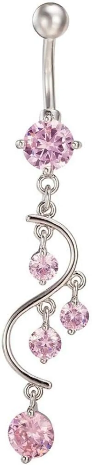 Stainless Steel Belly Button Navel Piercing Stud, Sexy Shiny Cubic Zirconia Dangle Bikini Jewelry Belly Button Navel Barbell Ring - Pink