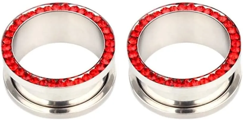 Stainless Steel Ear Plugs Tunnels, Unique Ear Tunnels with 2PCS Red Cubic Zirconia Body Piercing Jewelry Gift Set