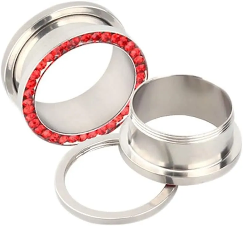 Stainless Steel Ear Plugs Tunnels, Unique Ear Tunnels with 2PCS Red Cubic Zirconia Body Piercing Jewelry Gift Set