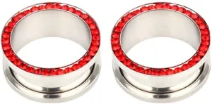 Stainless Steel Ear Plugs Tunnels, Unique Ear Tunnels with 2PCS Red Cubic Zirconia Body Piercing Jewelry Gift Set