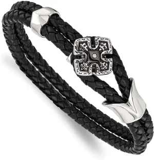 Stainless Steel Men's Black IP Braided Black Leather CZ Cubic Zirconia Bracelet 8"