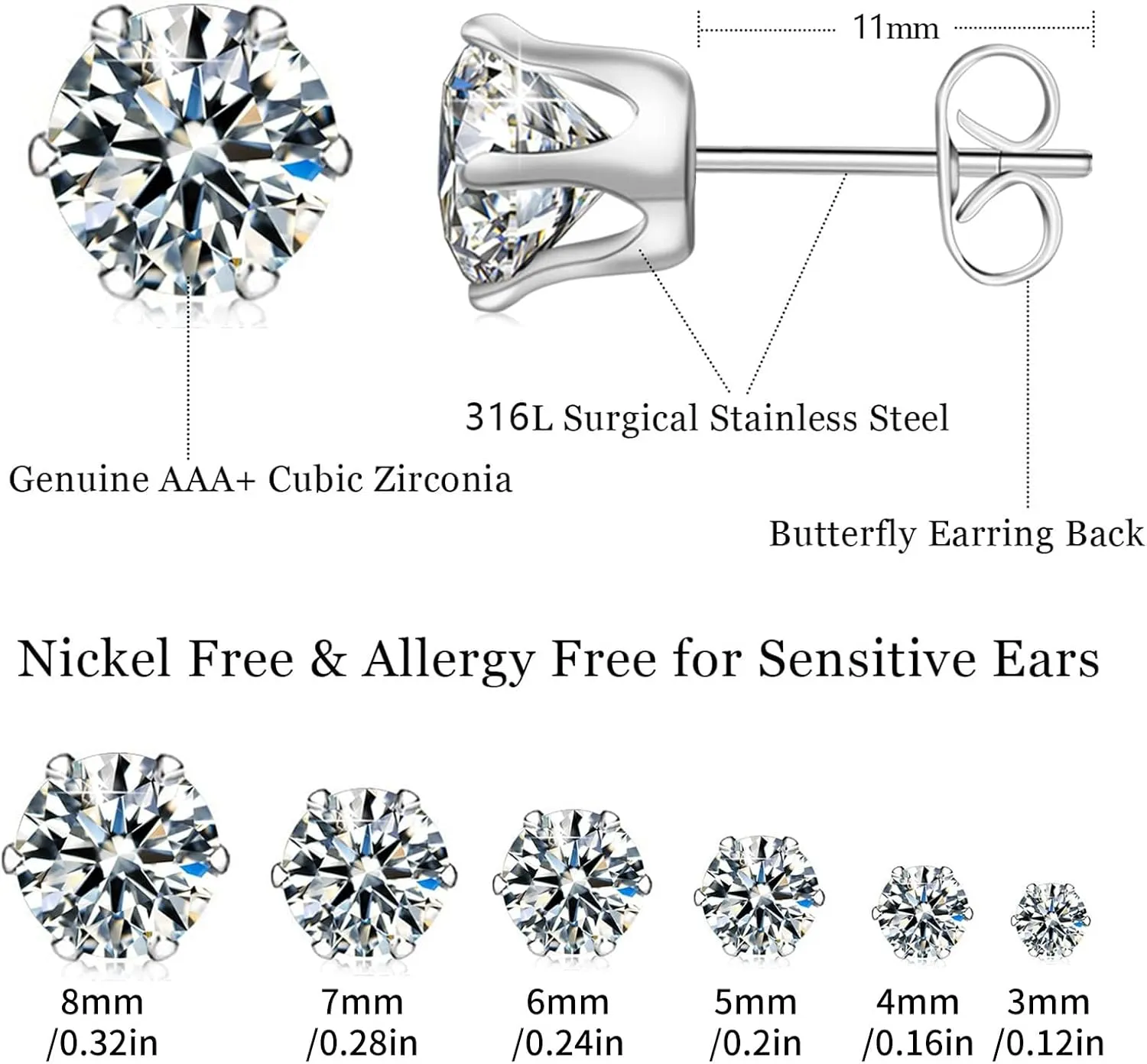 Stainless Steel Stud Earrings Set Hypoallergenic Cubic Zirconia 14K White Gold CZ Earrings for Women