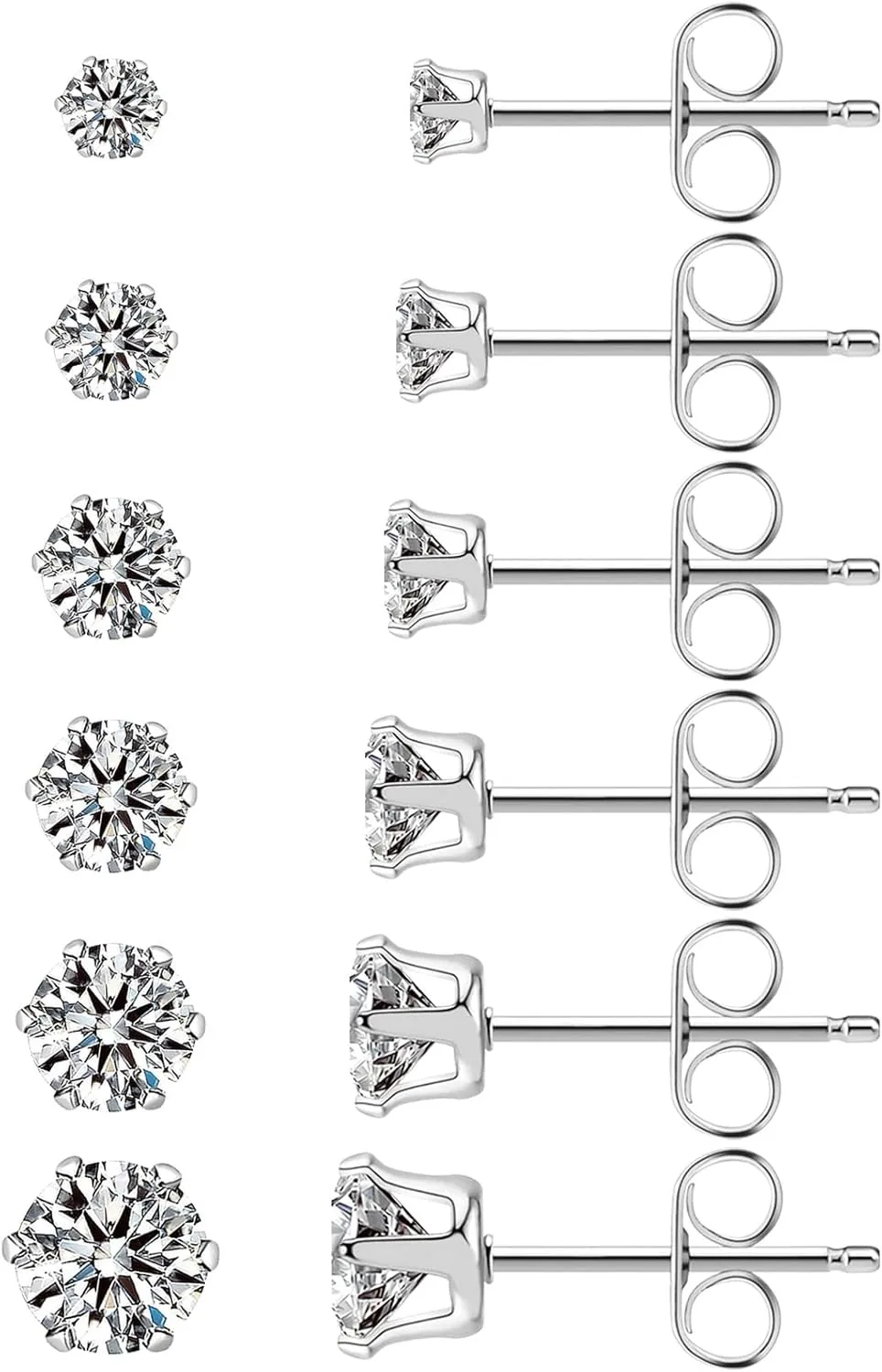 Stainless Steel Stud Earrings Set Hypoallergenic Cubic Zirconia 14K White Gold CZ Earrings for Women