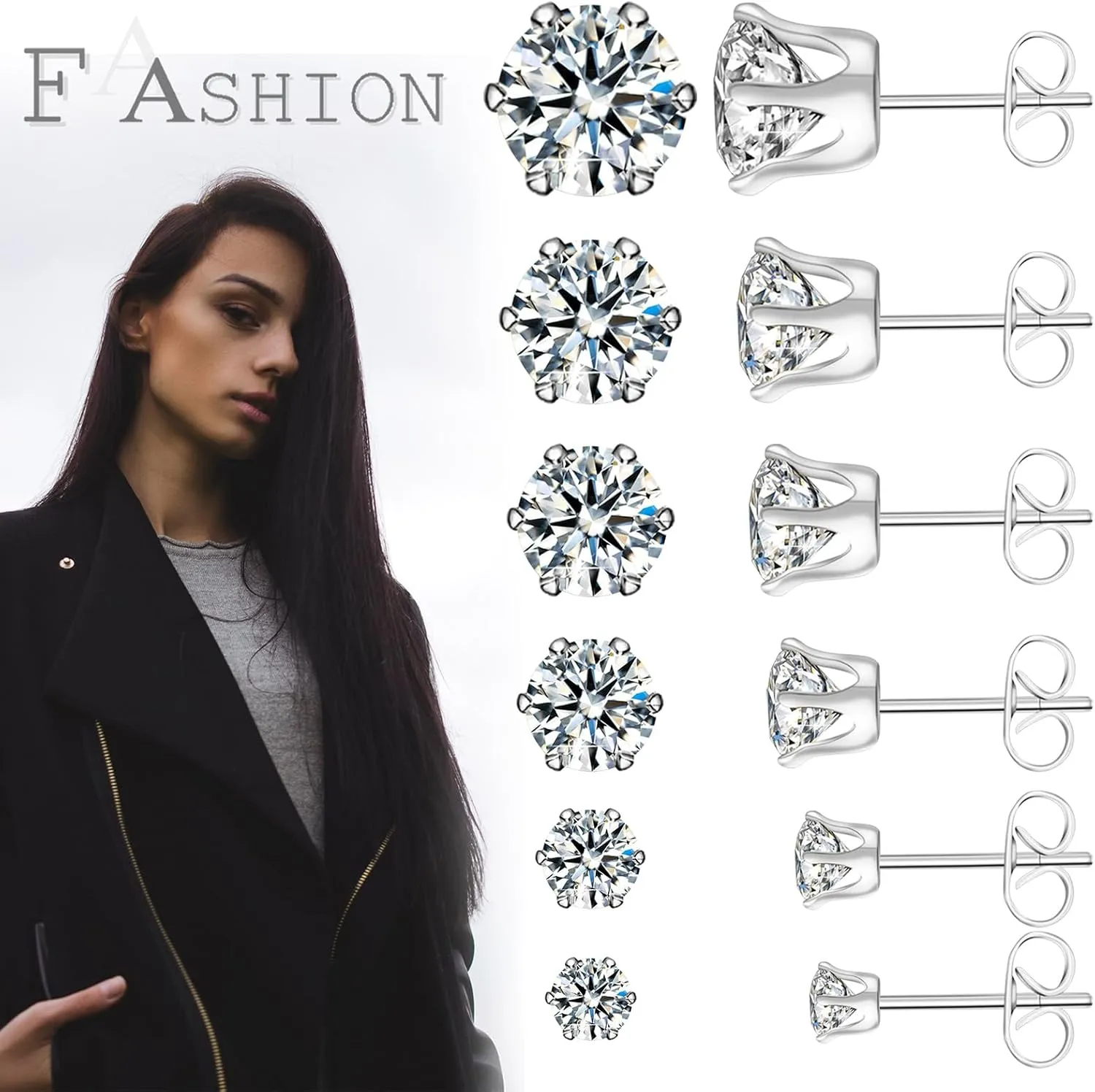 Stainless Steel Stud Earrings Set Hypoallergenic Cubic Zirconia 14K White Gold CZ Earrings for Women
