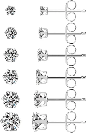 Stainless Steel Stud Earrings Set Hypoallergenic Cubic Zirconia 14K White Gold CZ Earrings for Women