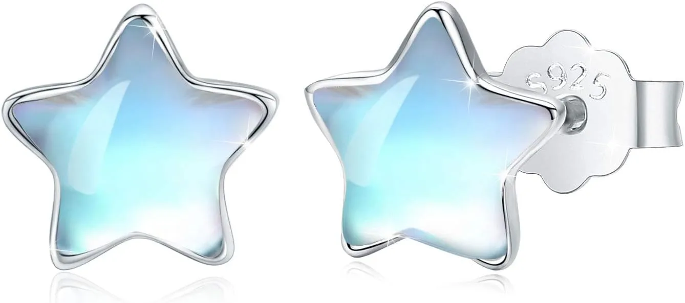 Star Earrings S925 Sterling Silver Moonstone Star Stud Earrings Hypoallergenic Earrings Minimalist for Sensitive Ears 