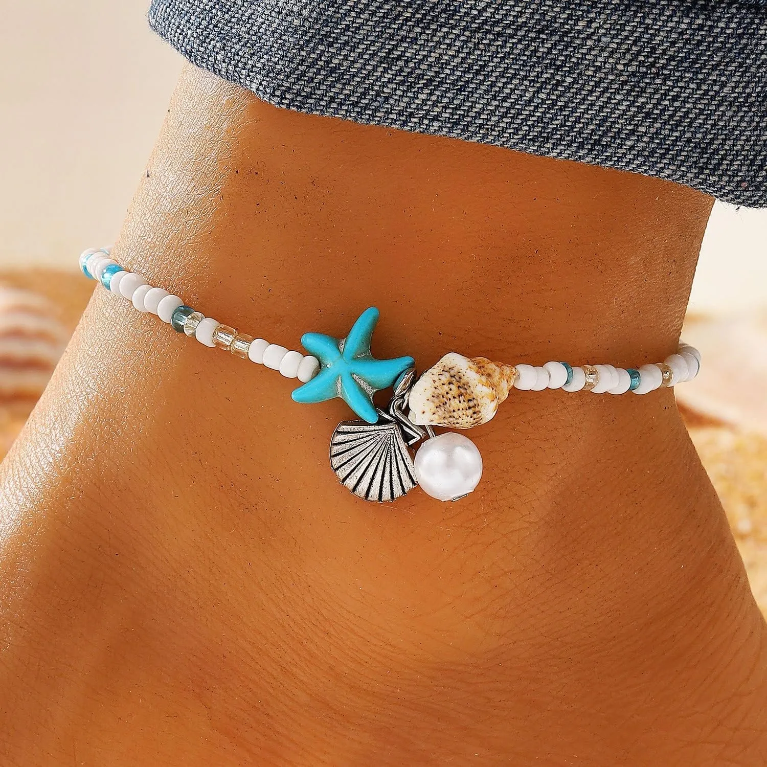 Starfish Beach Anklets for Women Boho Conch Pearl Anklets Surfer Beachy Seashell Vacation Accessories