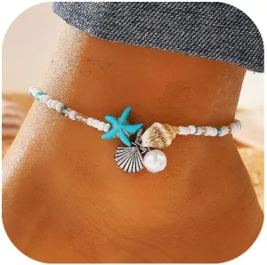 Starfish Beach Anklets for Women Boho Conch Pearl Anklets Surfer Beachy Seashell Vacation Accessories