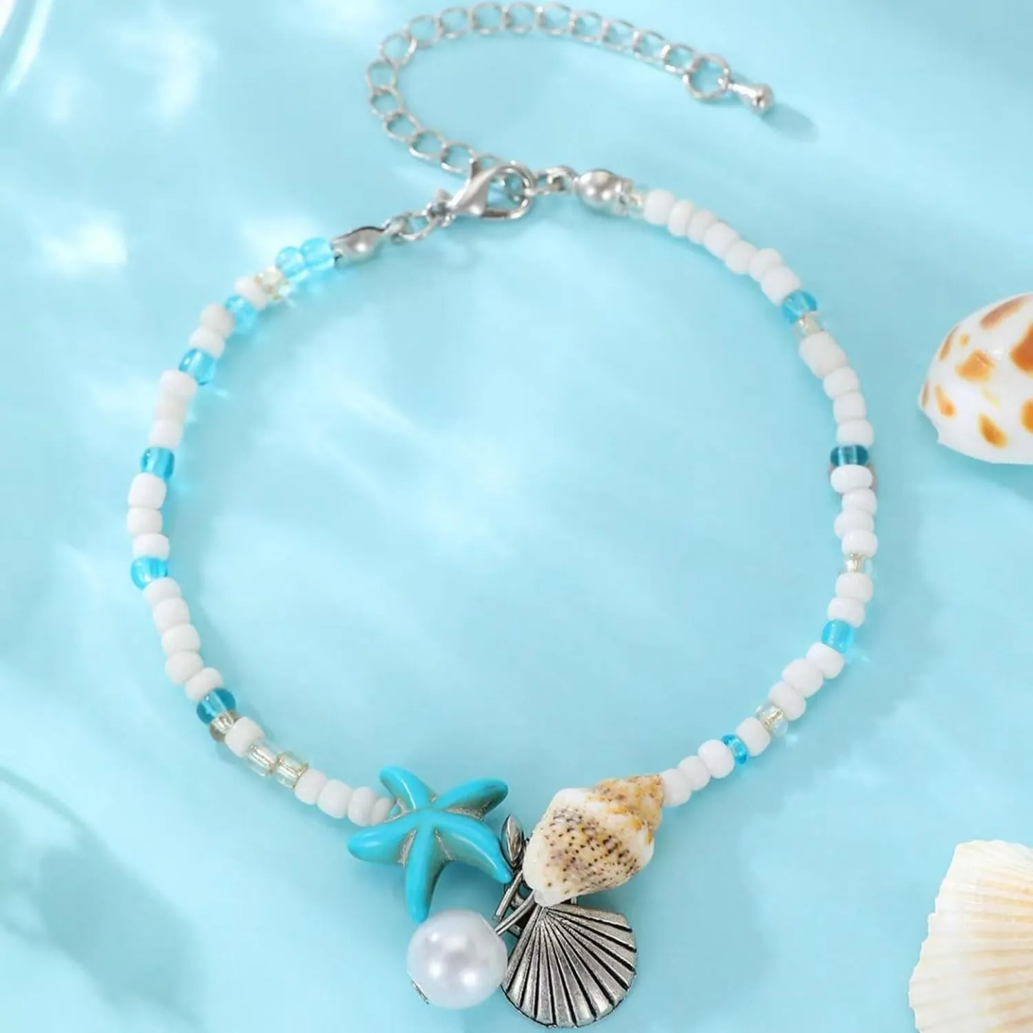 Starfish Beach Anklets for Women Boho Conch Pearl Anklets Surfer Beachy Seashell Vacation Accessories