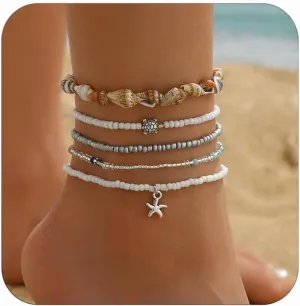 Starfish Beach Anklets for Women Boho Conch Pearl Anklets Surfer Beachy Seashell Vacation Accessories