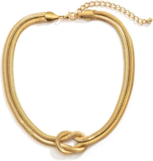 Statement Chunky Unique 14K Gold Plated Knot Chain Necklace,Punk Double Layer Snake Chain Choker Necklace,Hip Hop Chunky Chain Necklace for Women and