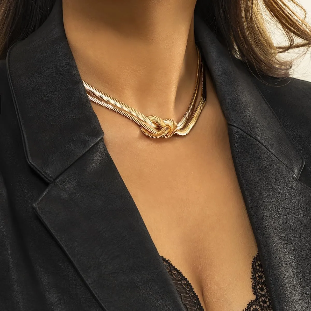 Statement Chunky Unique 14K Gold Plated Knot Chain Necklace,Punk Double Layer Snake Chain Choker Necklace,Hip Hop Chunky Chain Necklace for Women and