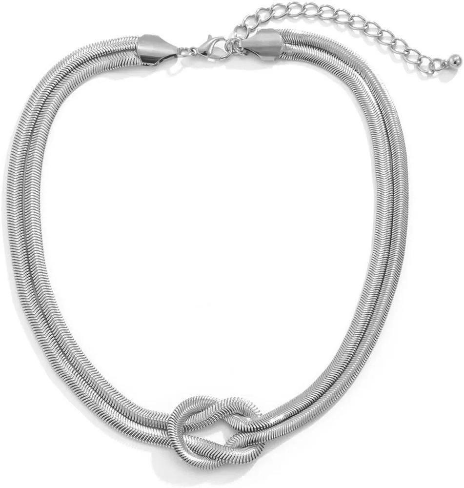 Statement Chunky Unique 16K Gold Plated Knot Chain Necklace,Punk Double Layer Snake Chain Choker Necklace,Hip Hop Chunky Chain Necklace for Women