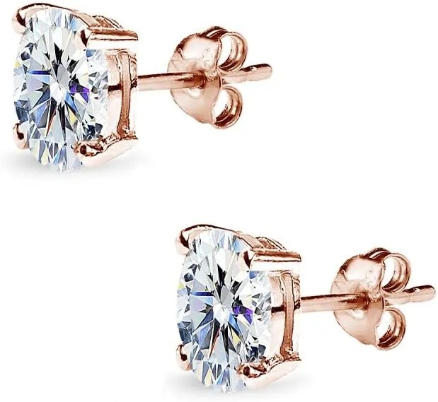 Sterling Silver 6x4mm Oval Solitaire Stud Earrings Made with AAA Zirconia
