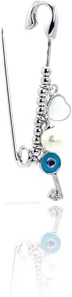 Sterling Silver 925 Heart & White Imitation Pearl Pin, Blue Evil Eye Key Symbolic Brooch, Women/Girls Protection Jewelry