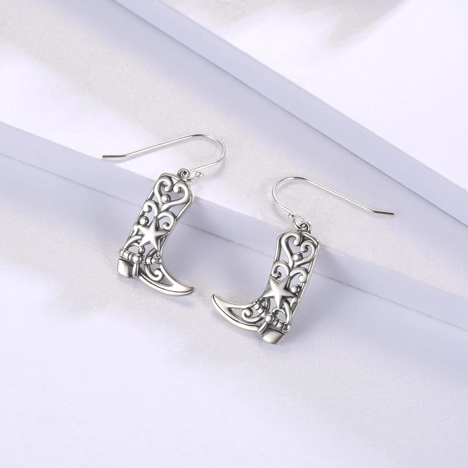 Sterling Silver Cowgirl Boot Earrings: Women Dangle Boot Earrings Country Western Style Jewelry Gifts for Cowgirl
