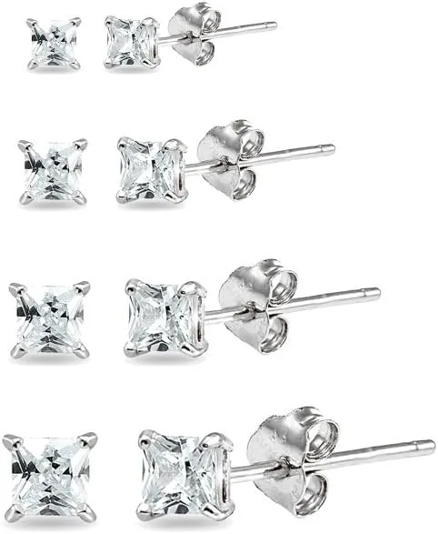 Sterling Silver Cubic Zirconia Princess Square 2mm 3mm 4mm 5mm CZ Stud Earrings for Women Men, 4 Pairs