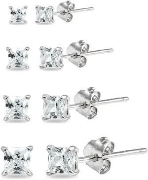 Sterling Silver Cubic Zirconia Princess Square 2mm 3mm 4mm 5mm CZ Stud Earrings for Women Men, 4 Pairs