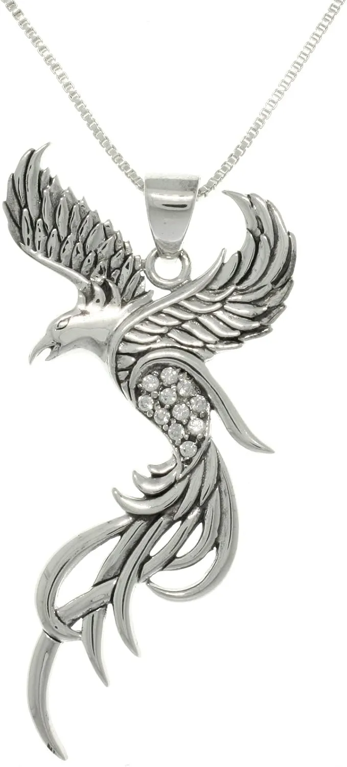 Sterling Silver CZ Eagle Phoenix Pendant Necklace 18"