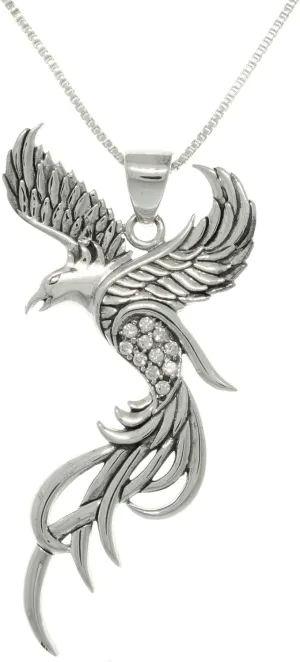Sterling Silver CZ Eagle Phoenix Pendant Necklace 18"