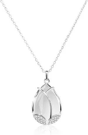 Sterling Silver Drop-shaped White Chalcedony Tulip Flower Necklace