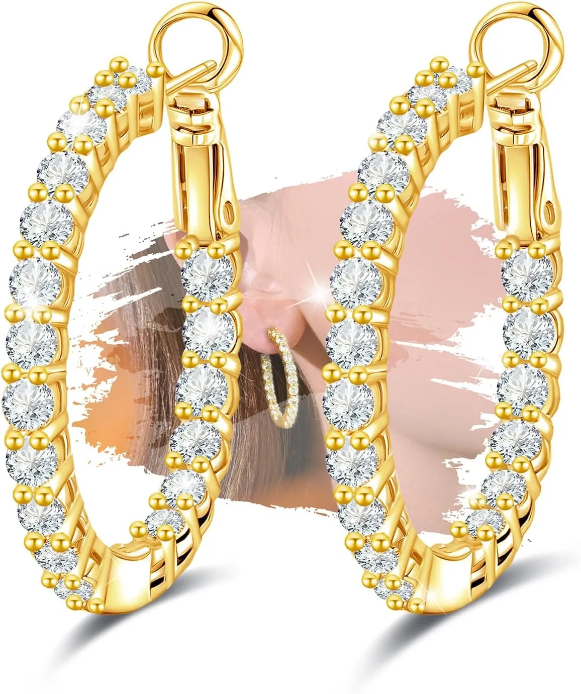 Sterling Silver Gold Large Hoop Earrings for Women - Hypoallergenic Cubic Zirconia Big Loop Earrings for Lady for Sensitive Ears Fashion Huggie Earrings,30MM
