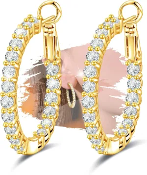 Sterling Silver Gold Large Hoop Earrings for Women - Hypoallergenic Cubic Zirconia Big Loop Earrings for Lady for Sensitive Ears Fashion Huggie Earrings,30MM