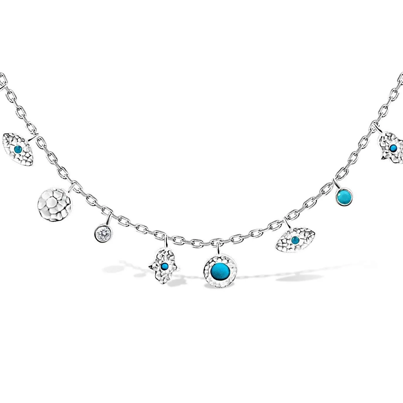 Sterling Silver Hamsa Hand Necklace with Evil Eye Charms - Protective Amulet for Women