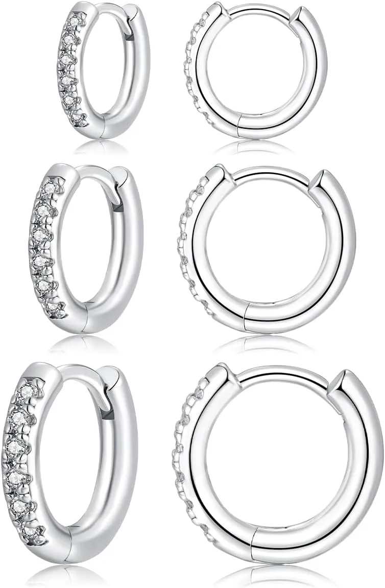 Sterling Silver Hoop Earrings for Women-3 Pairs Sterling Silver Post Small Silver Hoop Earrings Tiny Hypoallergenic Small Hoop Earrings Set for Women Men 8mm 10mm 12mm 2 colors