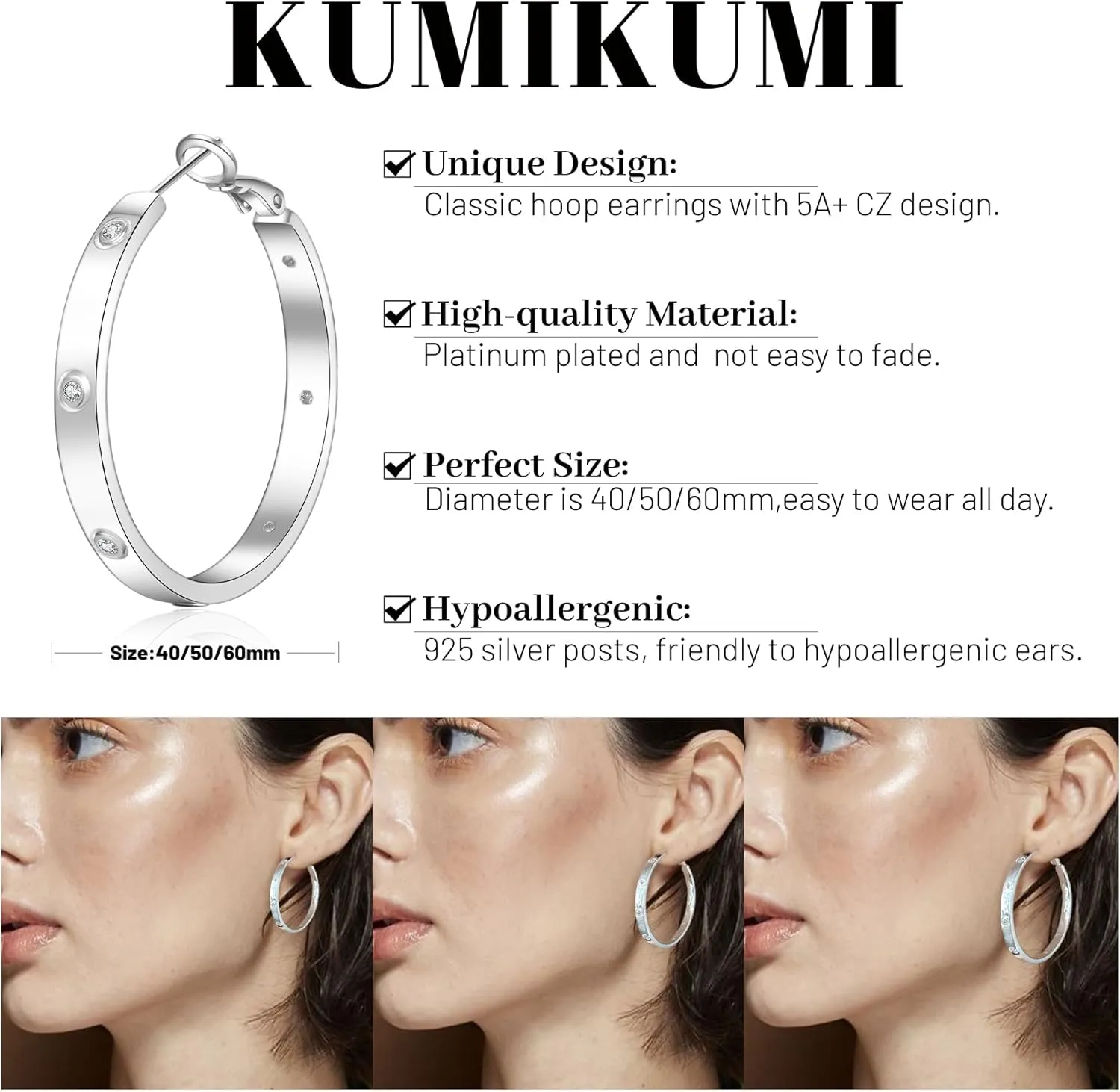 Sterling Silver Hoop Earrings,Hypoallergenic Silver Hoop Earrings for Women Lightweight Silver Hoops Earrings for Women(40/50/60mm)