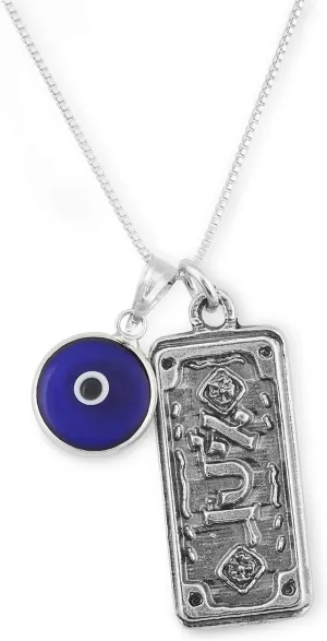 Sterling Silver Protection Charm Necklace and Pendant with Evil Eye Glass Charm and Protection Amulet - 19.5" Box Chain Length - Jewelry for Men & Women