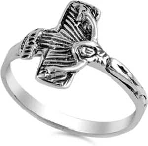 Sterling Silver Women's Crucifix Jesus Faith Ring Beautiful Band 14mm Sizes 5-10