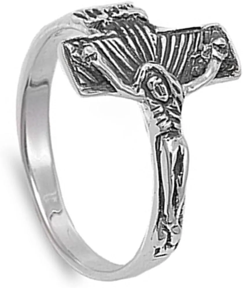 Sterling Silver Women's Crucifix Jesus Faith Ring Beautiful Band 14mm Sizes 5-10