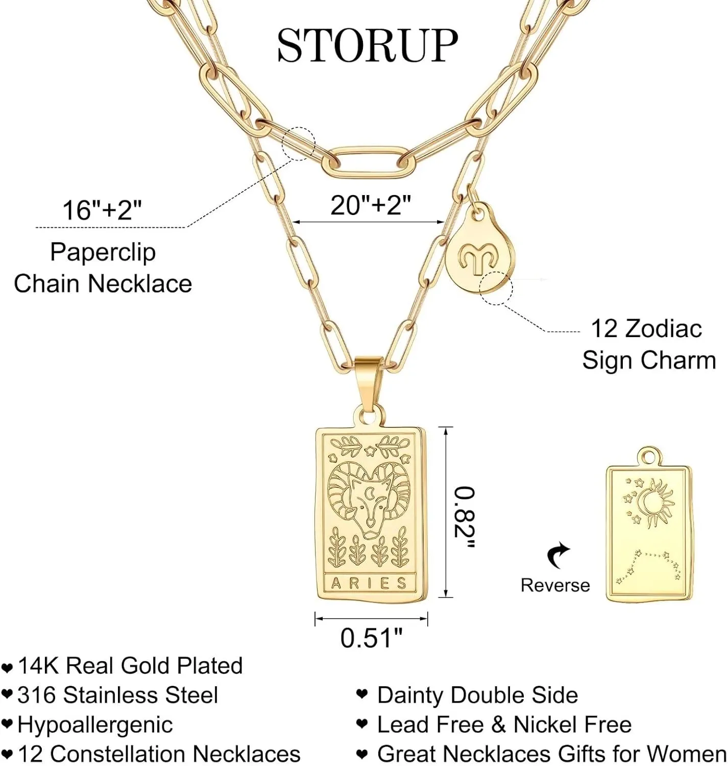 STORUP Zodiac Layered Necklaces for Women, Retro 12 Constellation Pendant Necklace for Women Tarot Card Necklace Jewelry Mothers Day Birthday Gift for Her