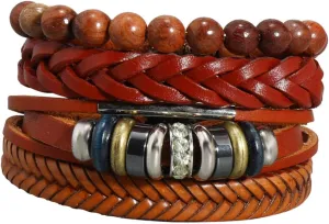 Stylish Braided Bracelet Set 4pcs Leather Wrist Bands Men's Women's Bead Bracelet Fashion Braided Bracelet