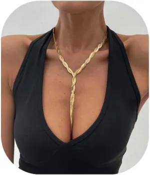 Summer Beach Silver Gold Plate Chain Necklace Punk Metal Tassel Twisted Flat Clavicle Chain Necklace Festival Rave Collar Chest Body Jewelry for Women