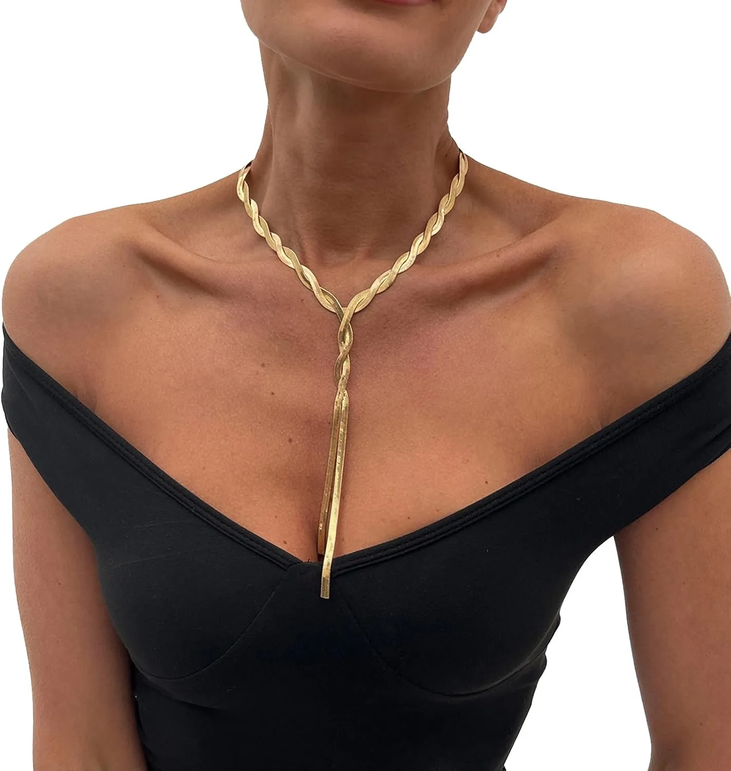 Summer Beach Silver Gold Plate Chain Necklace Punk Metal Tassel Twisted Flat Clavicle Chain Necklace Festival Rave Collar Chest Body Jewelry for Women