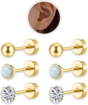 Surgical Steel Earrings Sets for Sensitive Ears Lightweight Small Huggie Hoop Earrings Hypoallergenic 20G Stainless Steel Opal Ball Pearl CZ Flat Back Earrings for Women Men Trendy Cartilage Earrings Hoop Stud