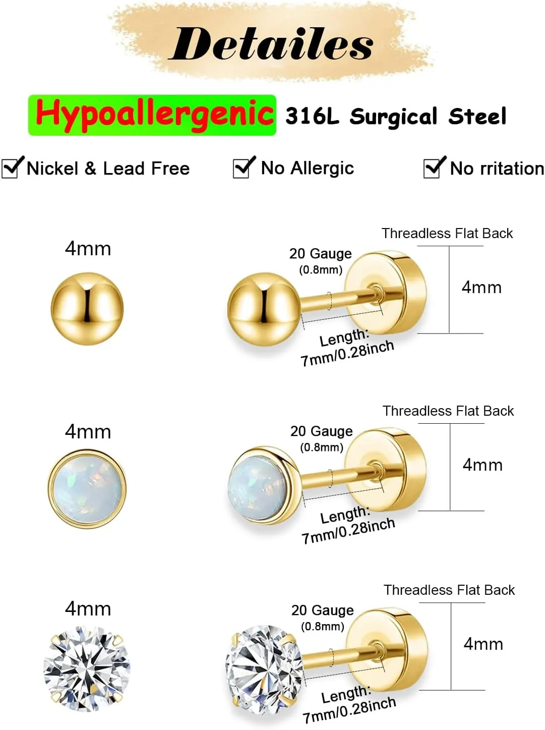 Surgical Steel Earrings Sets for Sensitive Ears Lightweight Small Huggie Hoop Earrings Hypoallergenic 20G Stainless Steel Opal Ball Pearl CZ Flat Back Earrings for Women Men Trendy Cartilage Earrings Hoop Stud