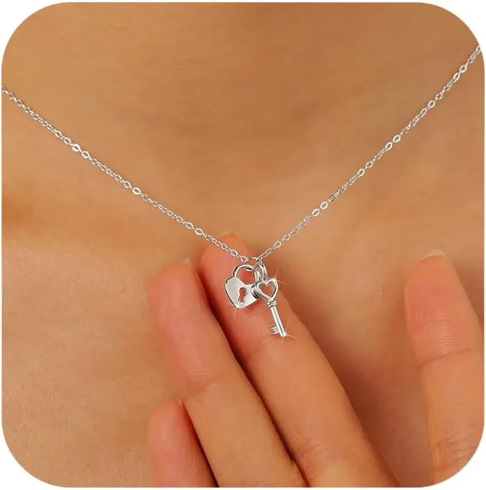 SUYACS Heart Lock Key Necklaces for Women Couple 925 Sterling Silver Love Heart Pendant Necklace Dainty 14K Gold Plated Padlock Collar Choker Chain Birthday Gifts for Girlfriend