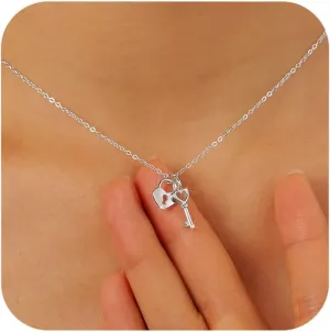 SUYACS Heart Lock Key Necklaces for Women Couple 925 Sterling Silver Love Heart Pendant Necklace Dainty 14K Gold Plated Padlock Collar Choker Chain Birthday Gifts for Girlfriend