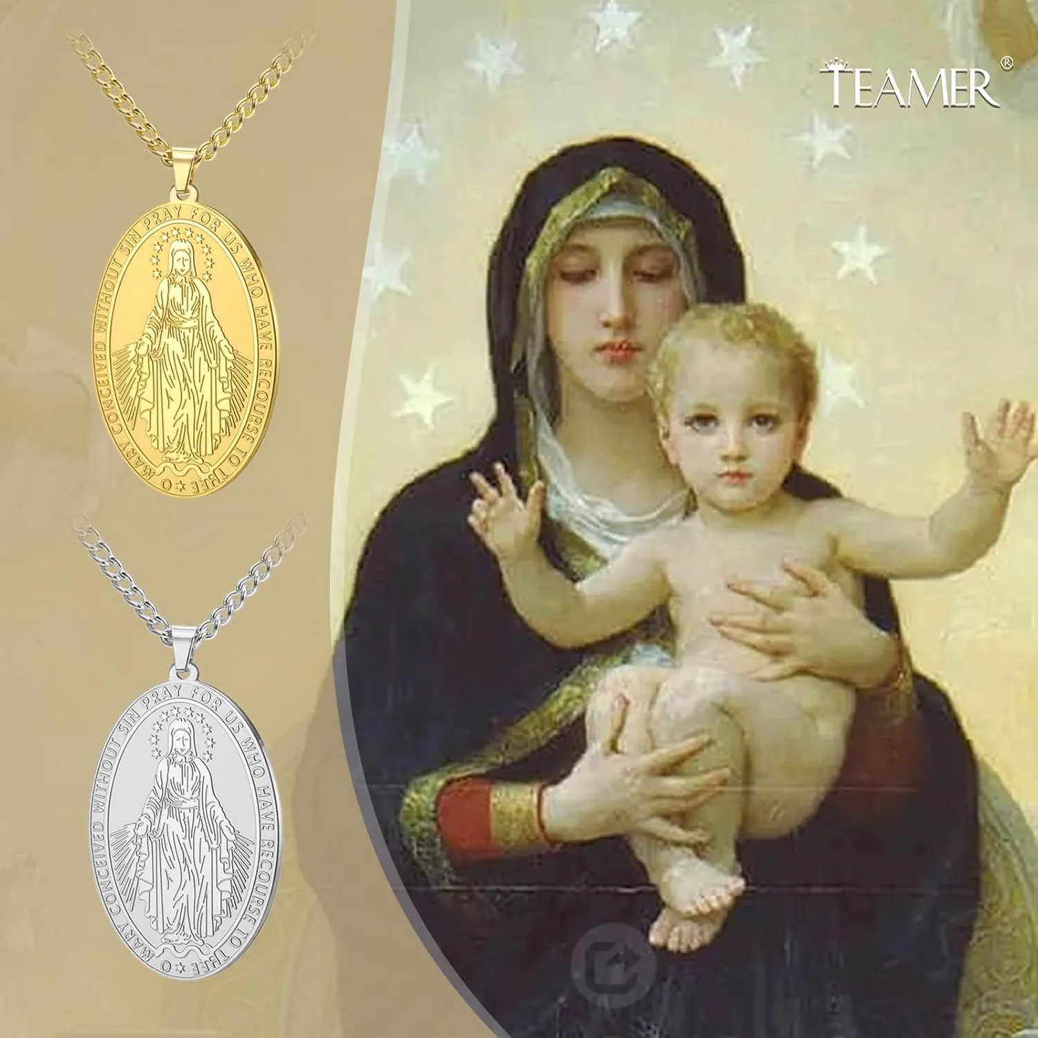 TEAMER Beautiful Virgin Mary Necklace Religious Rosary Pendant Prayer Necklace Faith Protection Jewelry For Women Men