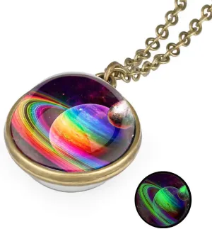 Tebapi Unisex Luminous Starry Sky Fantasy Galaxy Pendant Necklace Two Sides Art Picture Cabochon Astronomy Solar System Star Beautiful Necklace Lover Gift