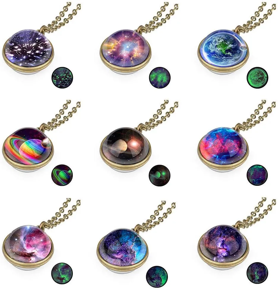 Tebapi Unisex Luminous Starry Sky Fantasy Galaxy Pendant Necklace Two Sides Art Picture Cabochon Astronomy Solar System Star Beautiful Necklace Lover Gift