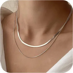 Tewiky Herringbone Necklace for Women Dainty 14k Gold Snake Chain Necklace Layered Gold Herringbone Double Flat Snake Chain Choker Necklace Thin Chunky Chain Necklace Gift for Her