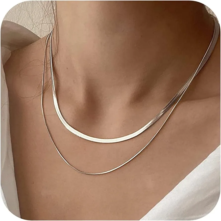 Tewiky Herringbone Necklace for Women Dainty 14k Gold Snake Chain Necklace Layered Gold Herringbone Double Flat Snake Chain Choker Necklace Thin Chunky Chain Necklace Gift for Her