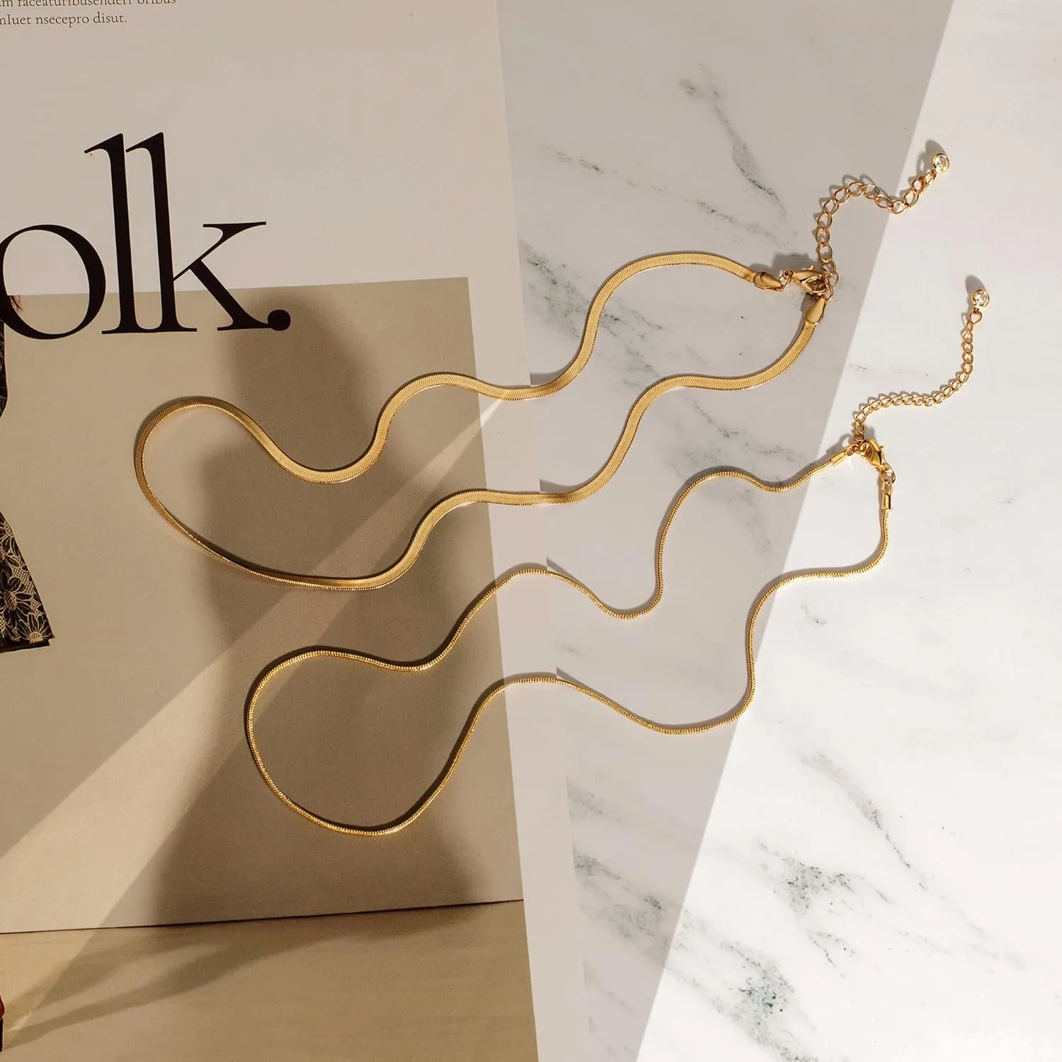 Tewiky Herringbone Necklace for Women Dainty 14k Gold Snake Chain Necklace Layered Gold Herringbone Double Flat Snake Chain Choker Necklace Thin Chunky Chain Necklace Gift for Her