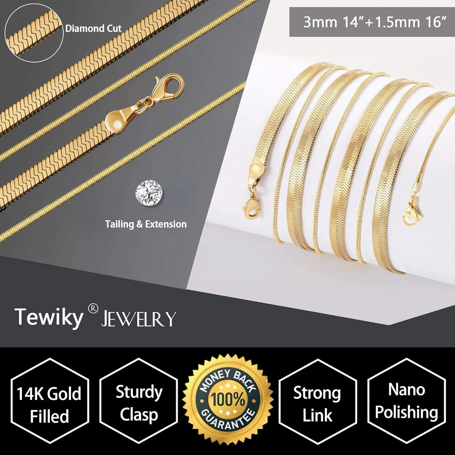 Tewiky Herringbone Necklace for Women Dainty 14k Gold Snake Chain Necklace Layered Gold Herringbone Double Flat Snake Chain Choker Necklace Thin Chunky Chain Necklace Gift for Her