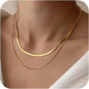 Tewiky Herringbone Necklace for Women Dainty 14k Gold Snake Chain Necklace Layered Gold Herringbone Double Flat Snake Chain Choker Necklace Thin Chunky Chain Necklace Gift for Her